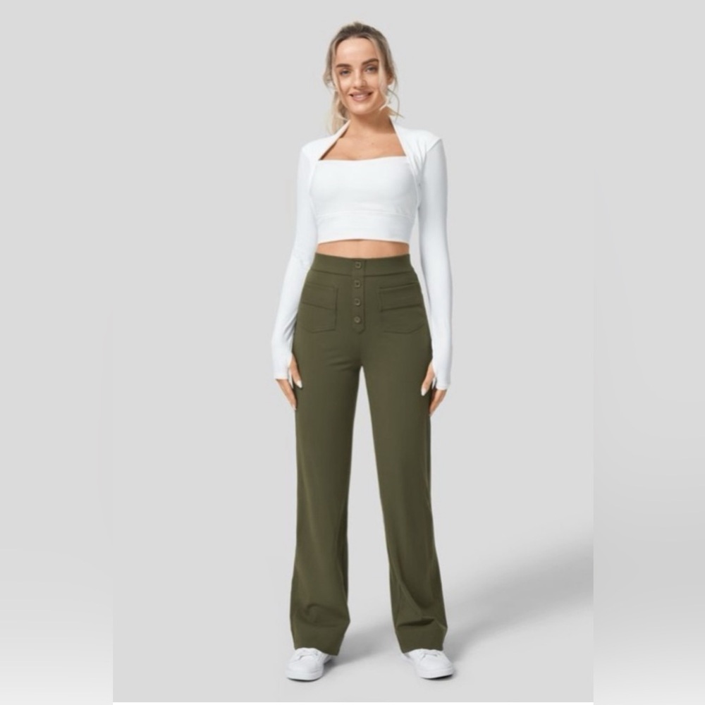 Halara High Waisted Button Multiple Pockets Straight Leg Casual Pants NEW/NWT💚 - Picture 5 of 10
